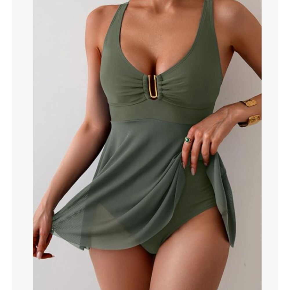 B2Prity Olive Swim Dress One Piece Adjustable Straps Sheer Skirt Size Large - Picture 2 of 7